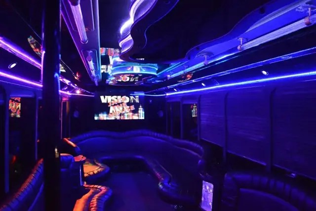 Limo Party Bus: LED ceiling, screens and lounge seating