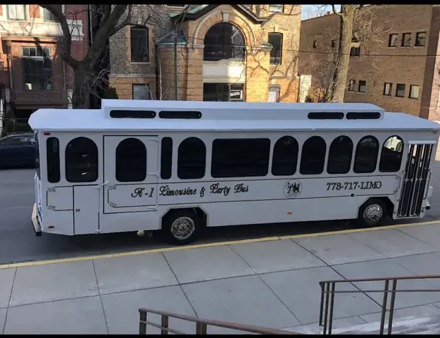 Trolley Limo Bus: Our trolley limo bus on a Chicago street